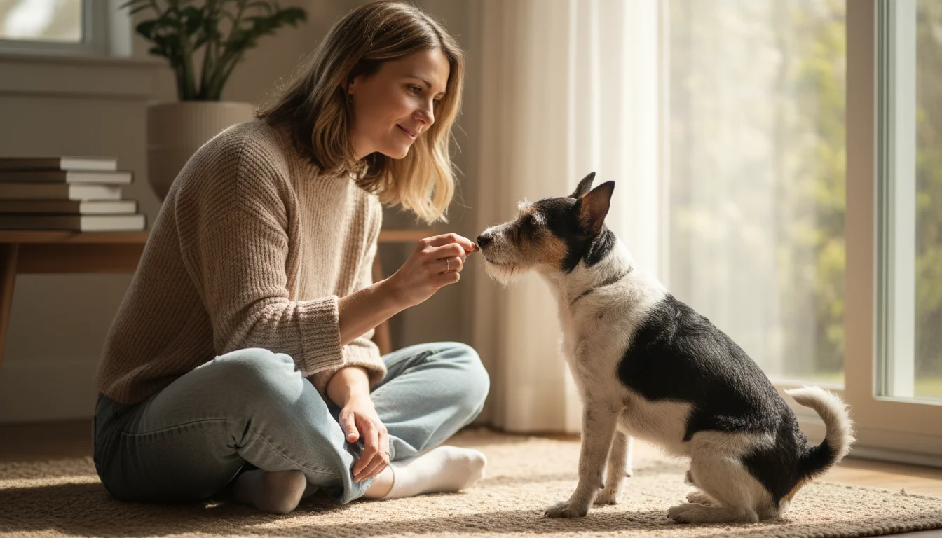 A woman sits by a window, gently offering a treat to her terrier mix dog, which looks towards the window, in a training moment.