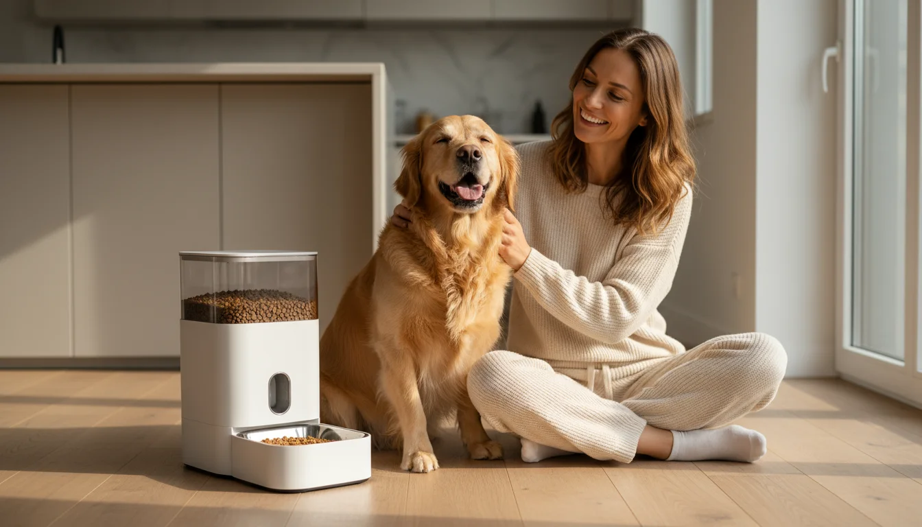 A woman sits on a wooden floor petting a golden retriever, an automatic feeder with food is visible behind them.