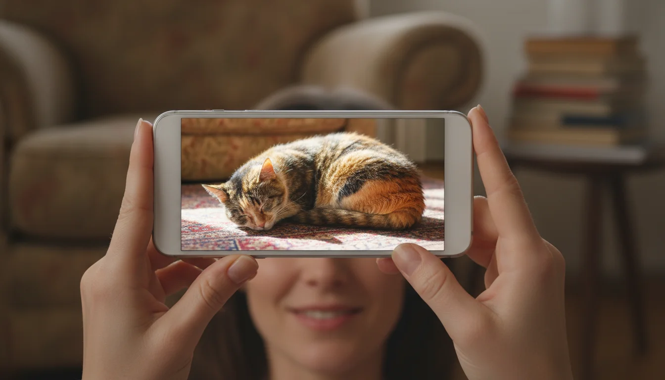 A woman smiles softly while looking at her phone, which shows her older calico cat napping peacefully on a rug at home.