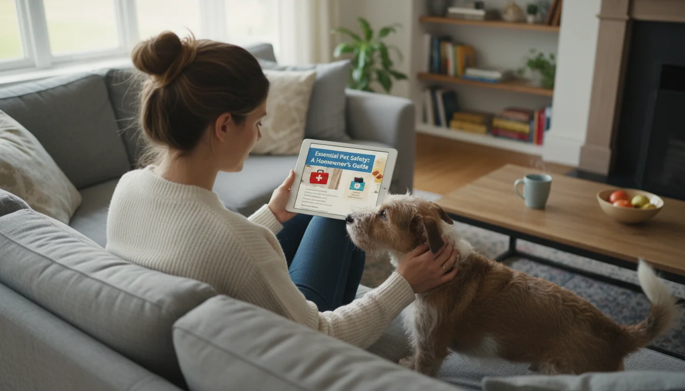 A woman on a sofa gently pets her terrier mix while looking at a tablet displaying a pet safety article.
