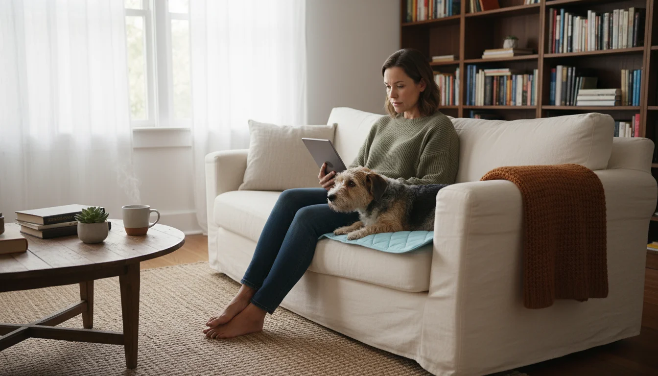 Woman on sofa reading tablet, terrier mix dog resting head on her lap looking up. Cooling mat visible on floor.