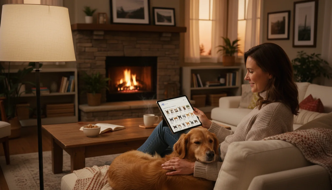 A woman on a sofa researching dog breeds on a tablet, gently stroking a sleeping mixed-breed puppy nestled on her lap.