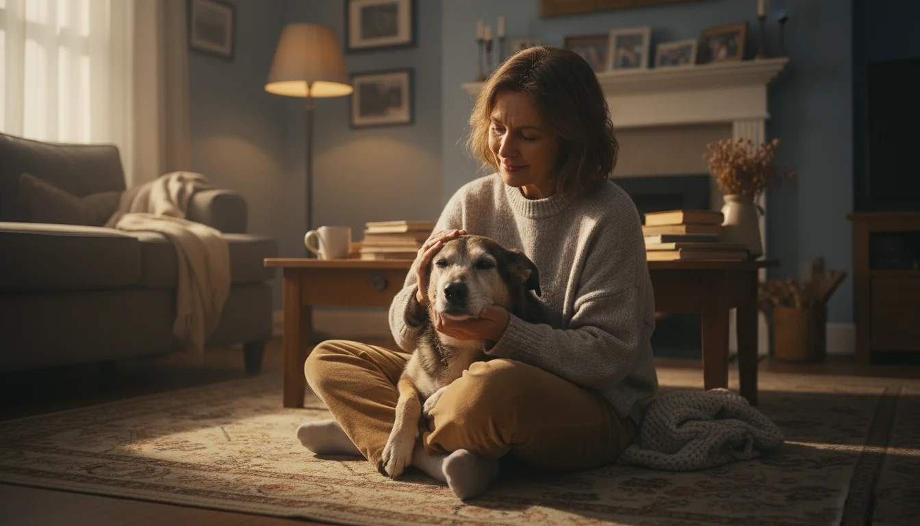 A woman gently strokes the head of her senior mixed-breed dog, who rests in her lap with a soft, distant gaze.