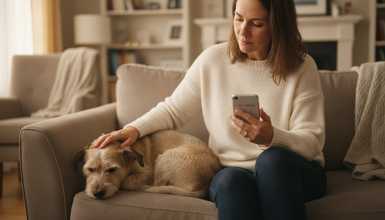 Woman gently strokes her subdued terrier mix dog on a sofa, looking concerned, hand reaching for a smartphone, preparing to call.