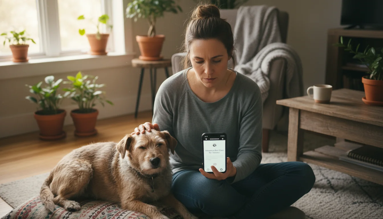 A woman with a thoughtful expression sits on a floor cushion, gently petting her scruffy terrier mix while looking at her smartphone screen.