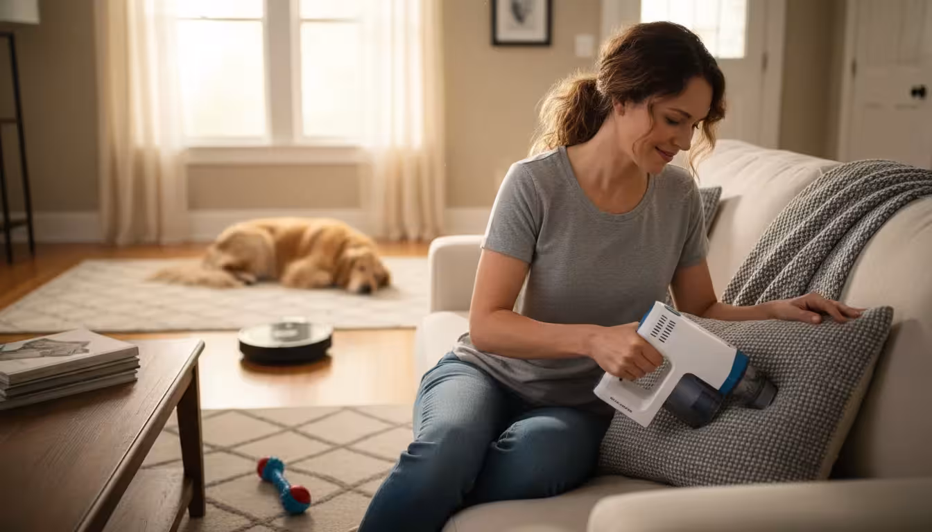 A woman uses a handheld vacuum on a sofa pillow, a robot vacuum cleans the floor, and a cat naps nearby.