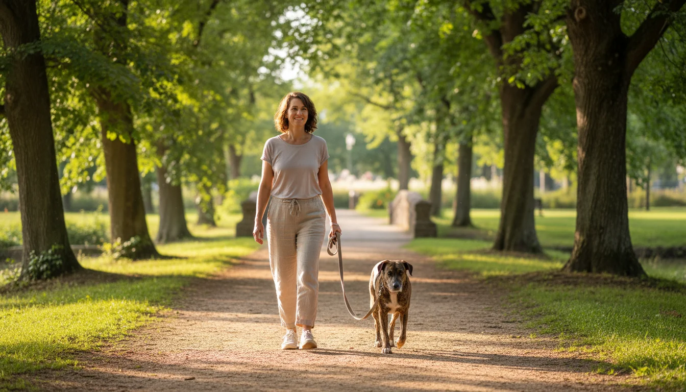 A woman walks her brindle-coated mixed-breed dog on a sunny park trail, the dog calmly by her side with a loose leash.