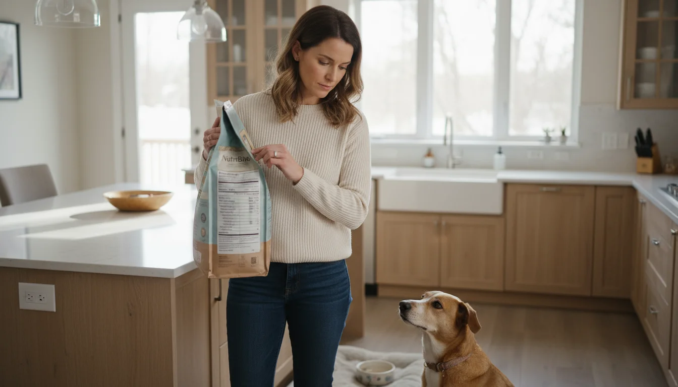 Woman in a well-lit kitchen meticulously reads the back label of a dog food bag, with her attentive mixed-breed dog sitting nearby.