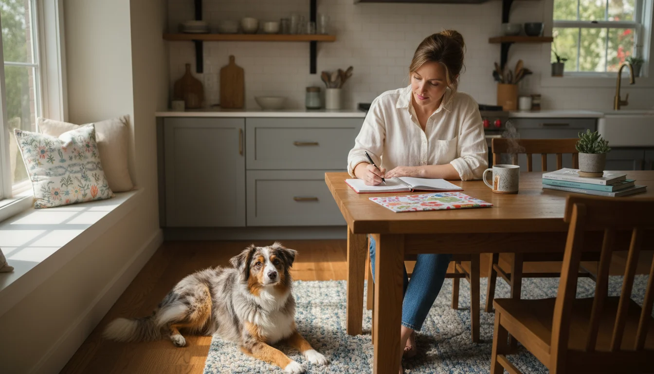 Woman at a wooden table writes in a planner, a calm dog lies nearby on a rug, watching her with gentle attention.