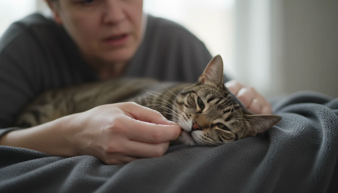 A worried person gently checks the pale gums of a listless tabby cat lying on a blanket.