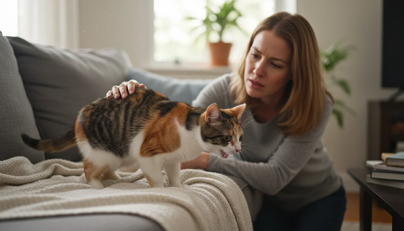 A worried woman kneels beside her calico cat, which is breathing shallowly with an open mouth on a living room couch.