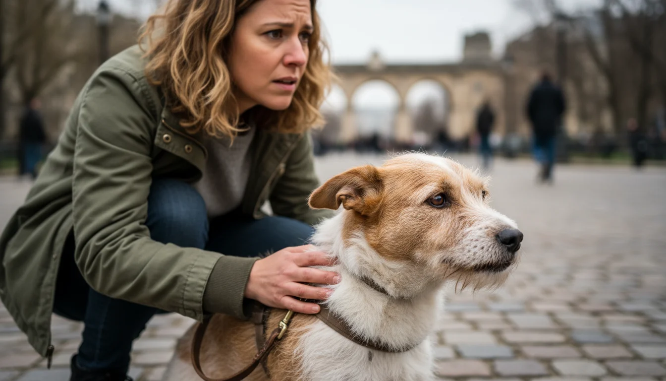 A worried woman kneels beside her small terrier mix dog, which appears tense and anxious, on a park path.