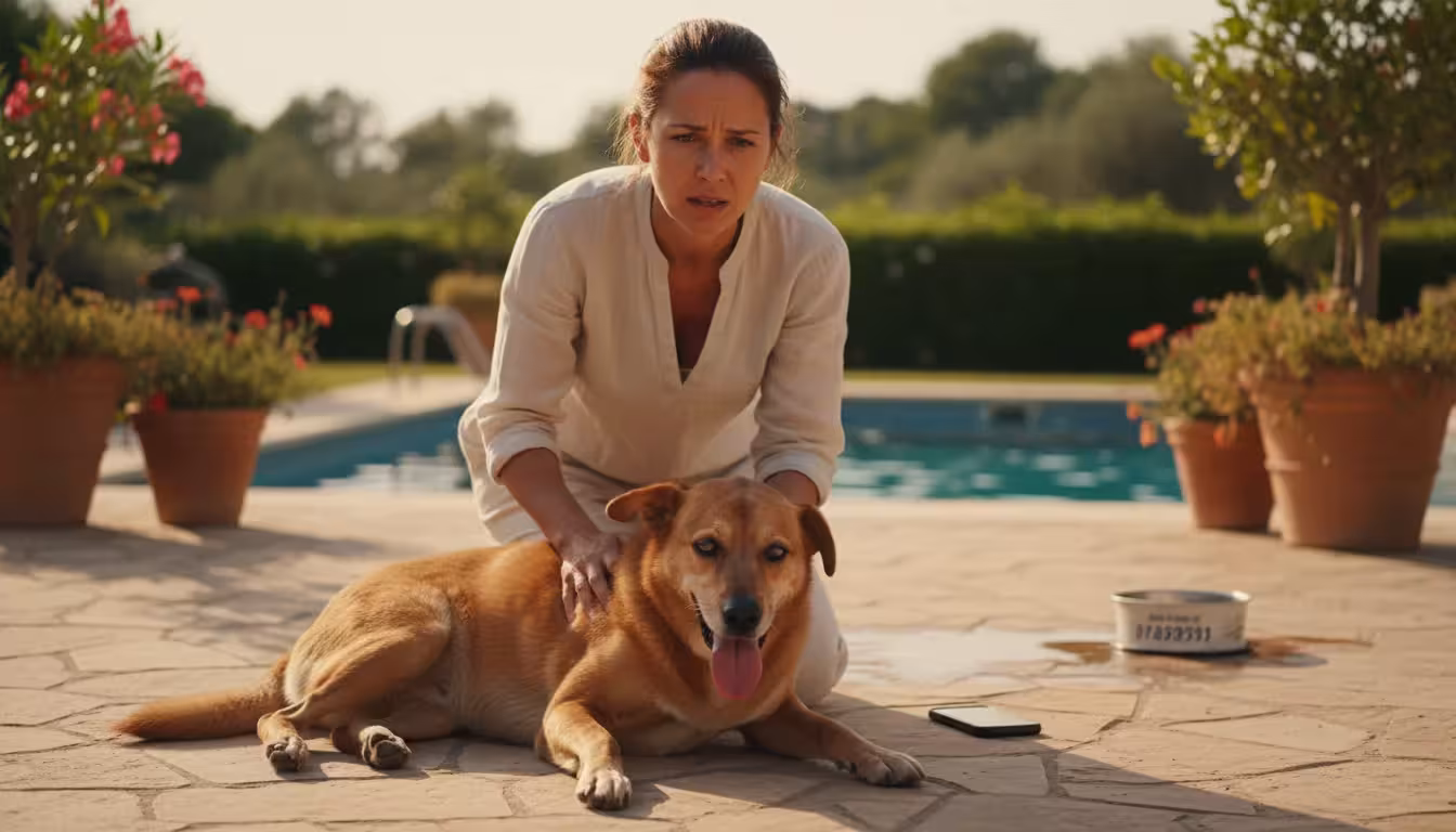 A worried woman kneels beside her struggling dog on a patio, the dog is panting heavily and appears weak.