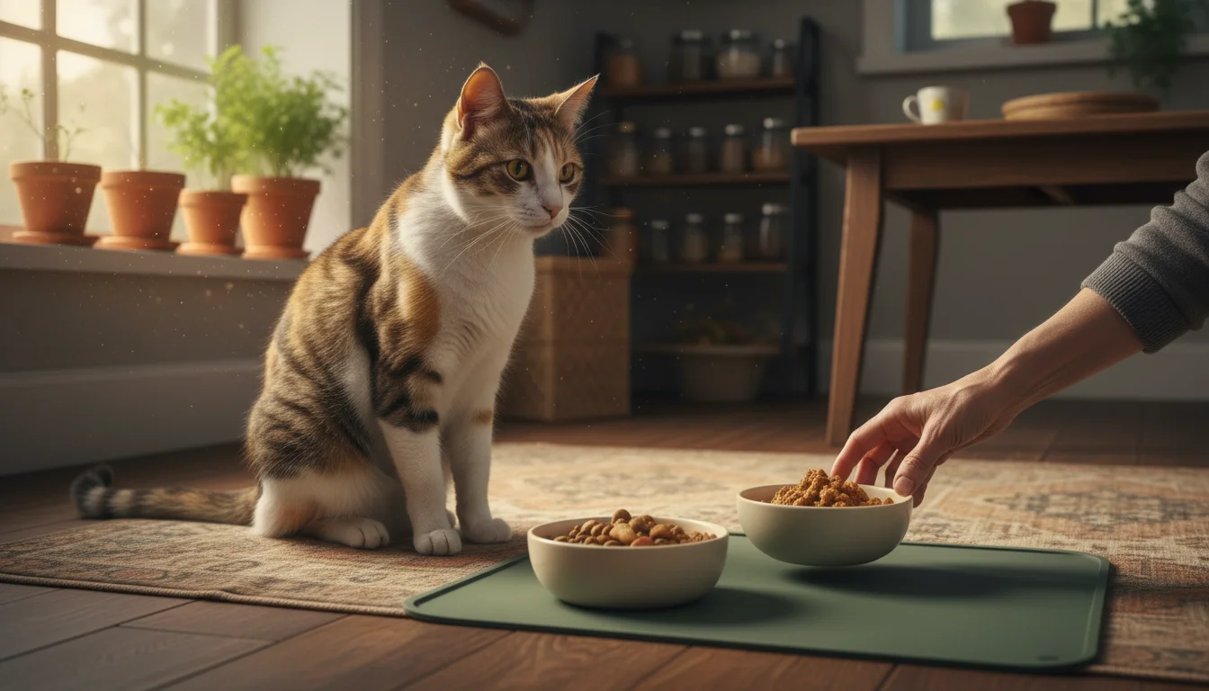 A 14-year-old calico cat with a graying muzzle watches a human hand place a bowl of moist senior cat food and fresh water.
