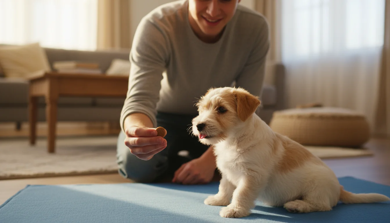 A young adult kneels, offering a treat to a small, fluffy terrier mix puppy resting calmly on a blue mat, building trust.