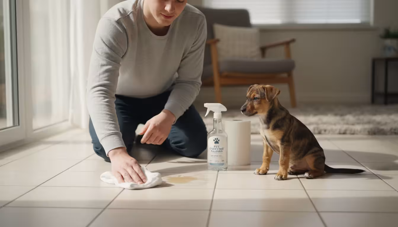 A young adult kneels on a tile floor, cleaning a small puppy accident with a cloth. A bottle of pet enzyme cleaner and a curious terrier-mix puppy are