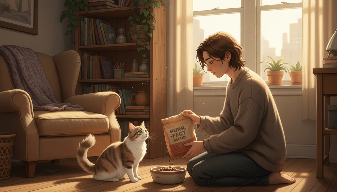 Young adult pours dry cat food into a ceramic bowl while a domestic shorthair cat watches patiently in a sunlit home.