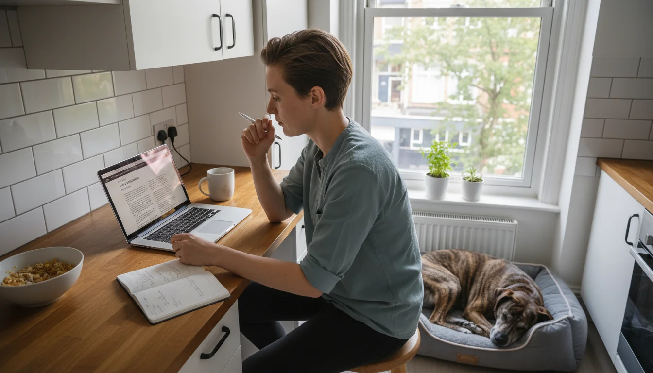Young adult reads on a laptop at a kitchen counter, a calm brindle dog watches them from a nearby dog bed.