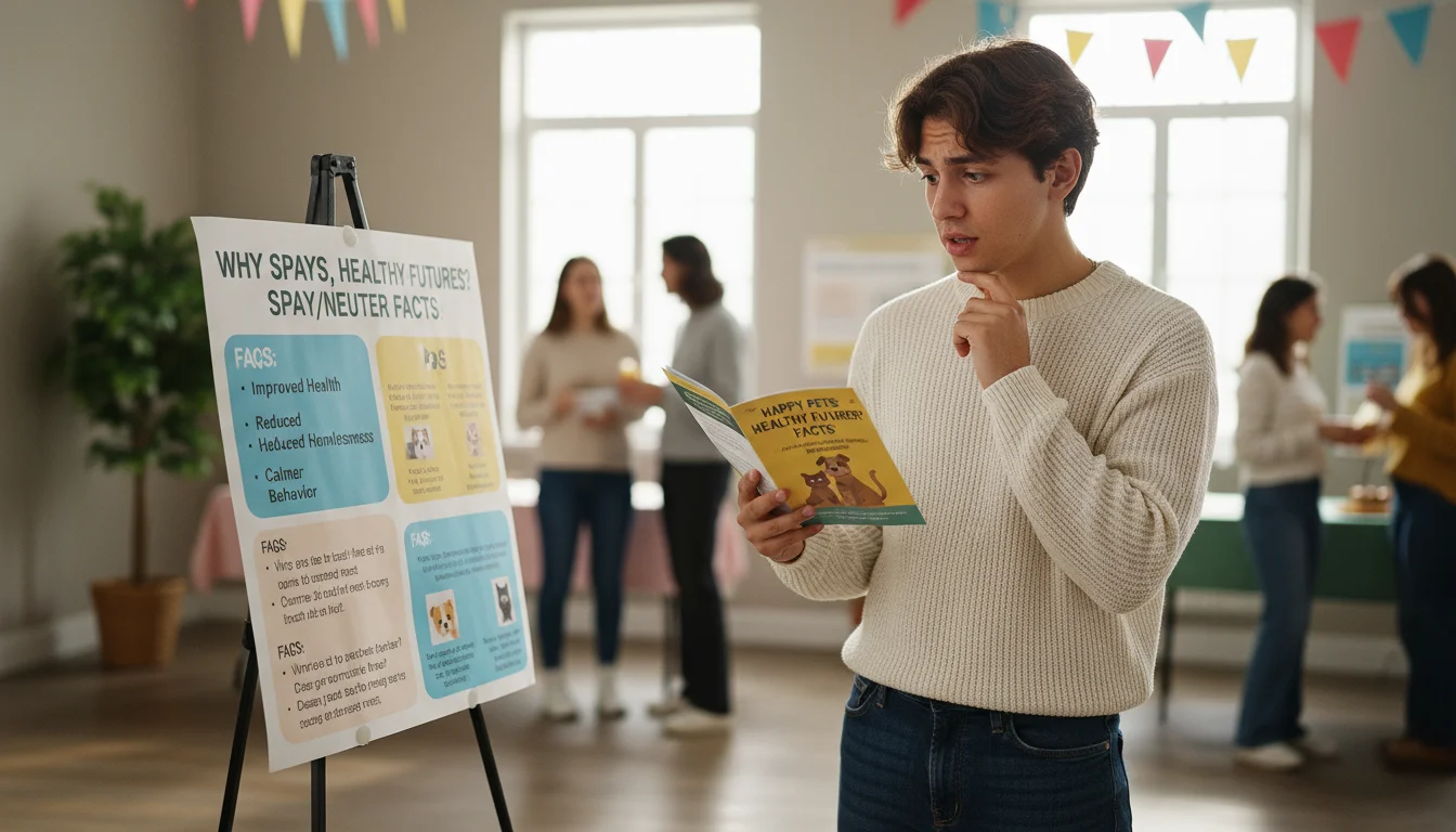 A young adult reads a pamphlet and an informational poster about pet spaying and neutering at a community event.