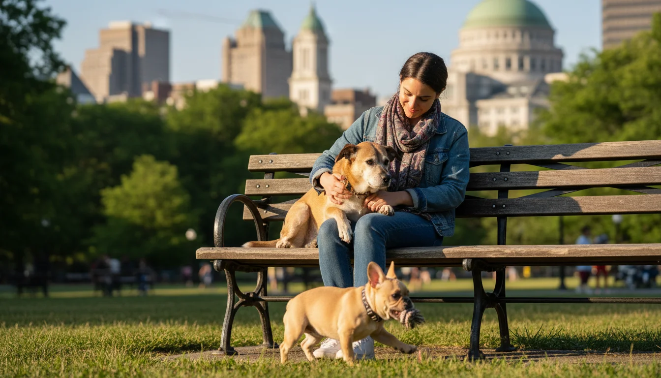 A young adult sits on a city park bench with an older mixed-breed dog and a younger French Bulldog puppy. City skyline in the background.
