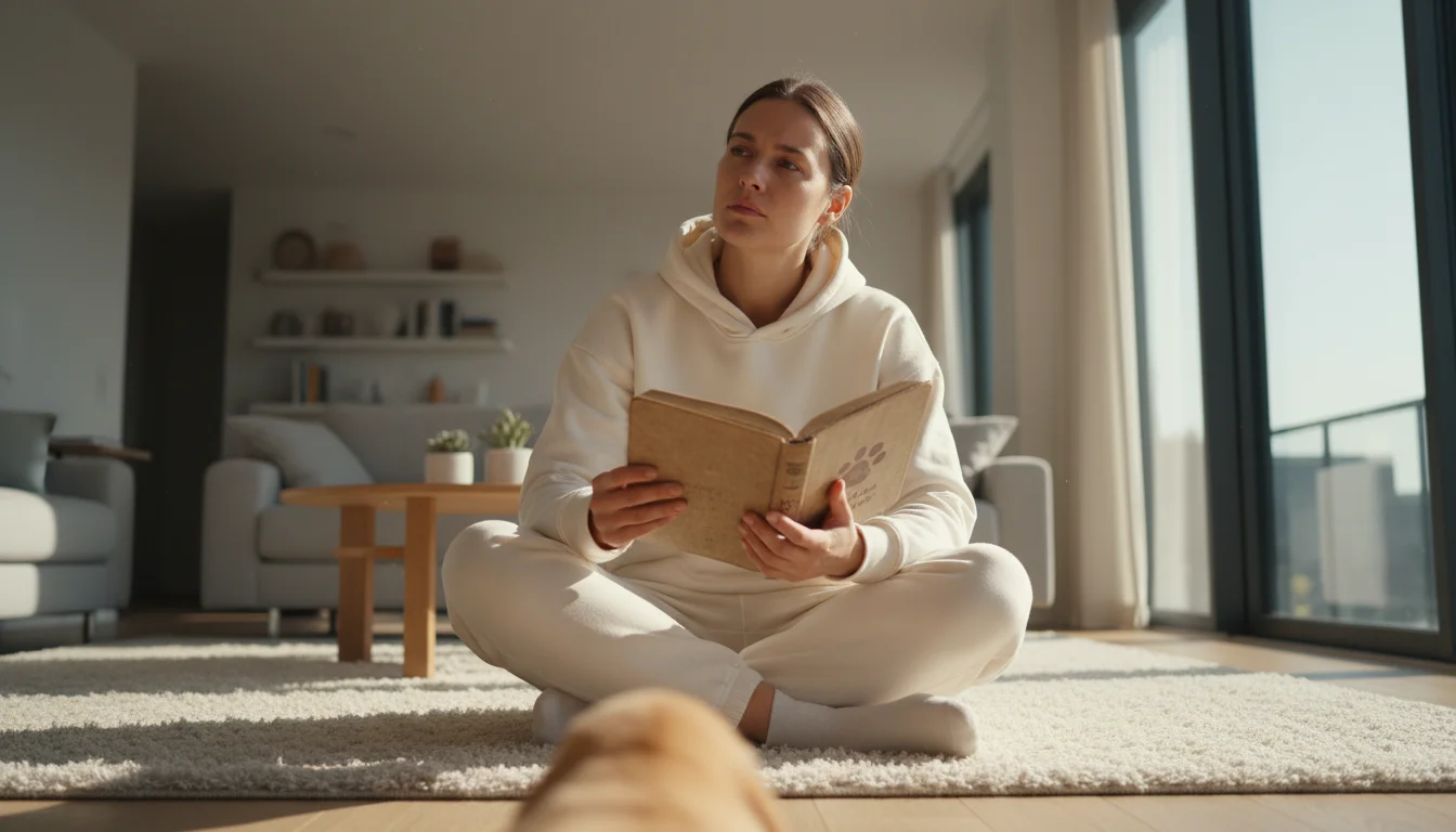 A young adult sits cross-legged on a rug, thoughtfully reading a puppy training guide, with a Golden Retriever puppy chewing a toy nearby.
