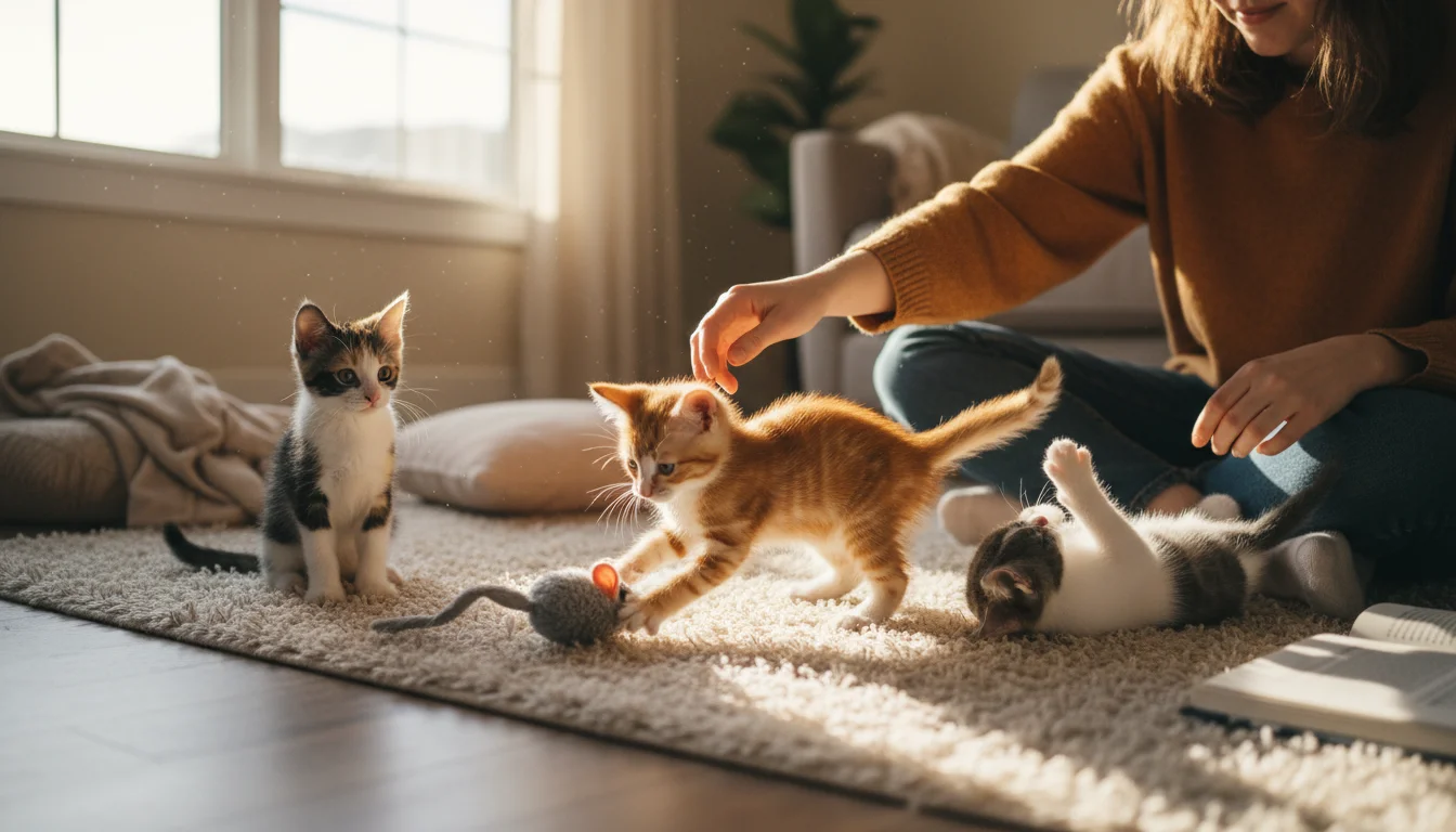 A young adult sits on a living room floor, gently rolling a toy mouse to three playful 8-week-old kittens.