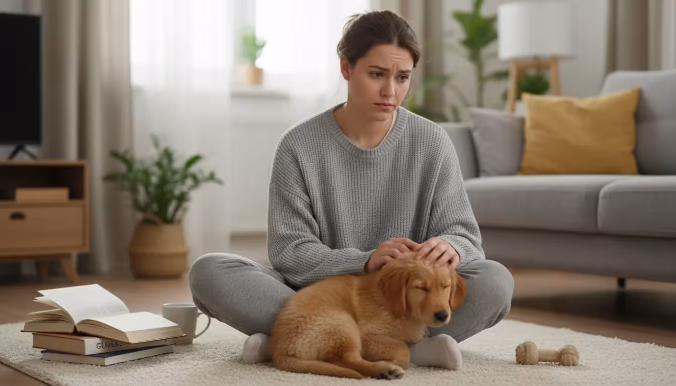 A young adult sits on a rug, gently stroking a sleeping golden-retriever puppy. New puppy products are visible on the floor.