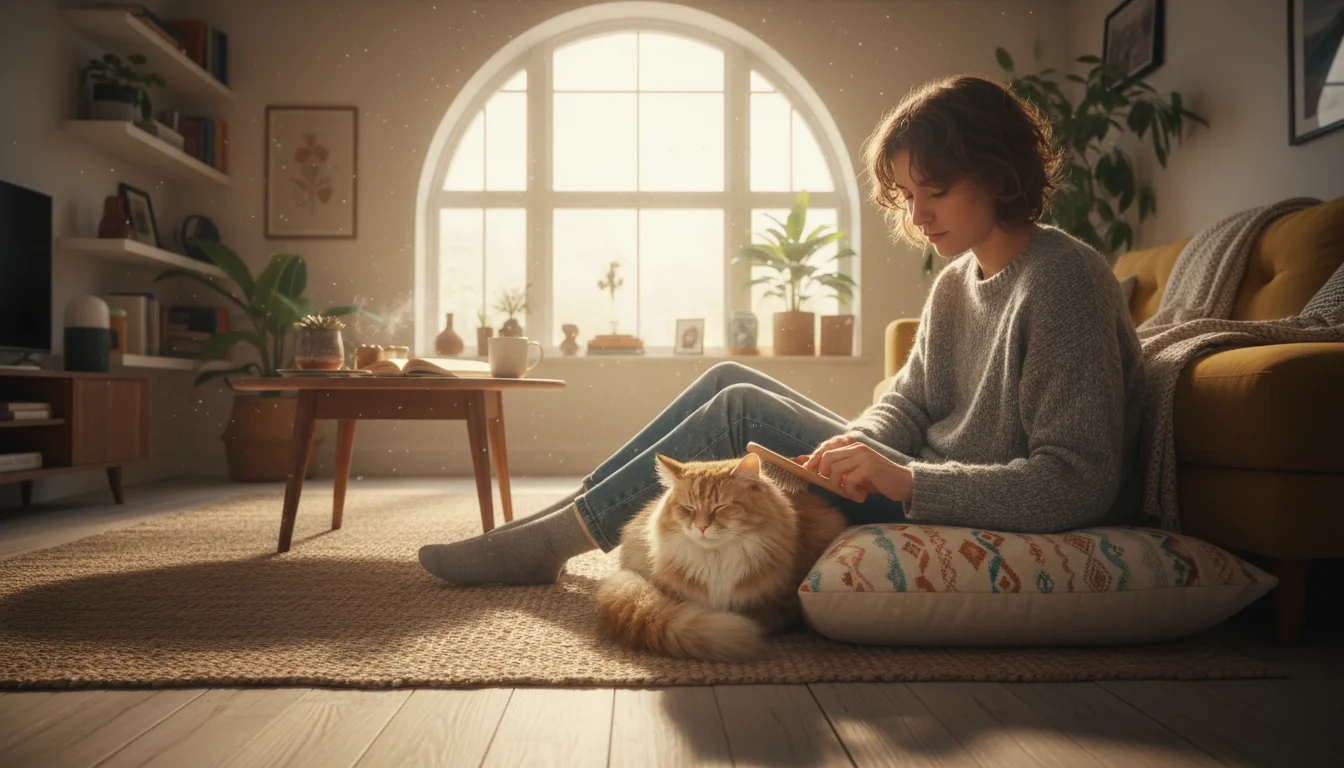 A young adult sitting on a floor cushion in a sunlit apartment, gently brushing a tabby cat. The cat looks relaxed.