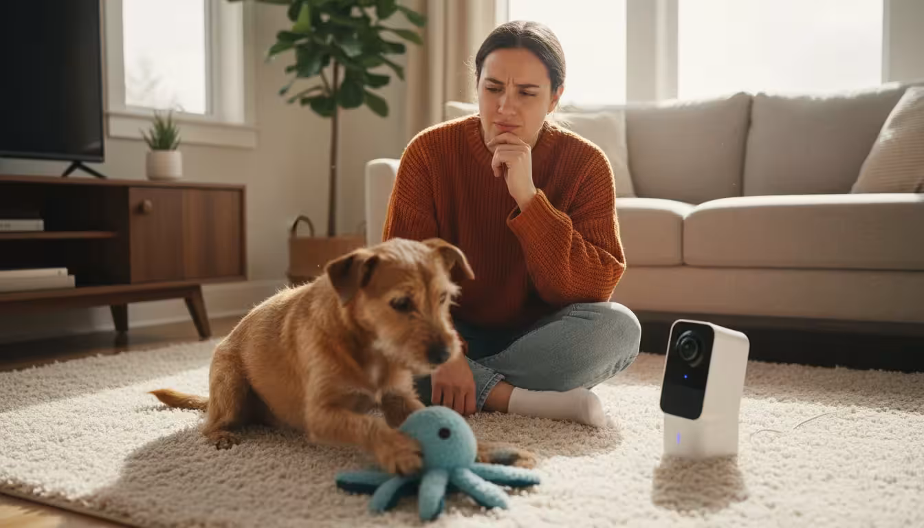 A young adult watches their playful terrier mix dog with a thoughtful expression. A pet camera is subtly visible in the background.