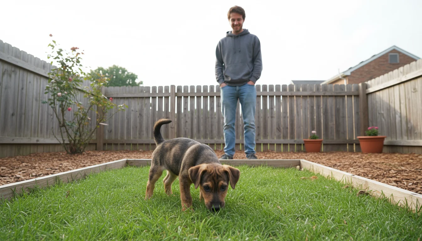 A young brindle terrier-mix puppy sniffs grass in a backyard while a man patiently watches from a short distance.