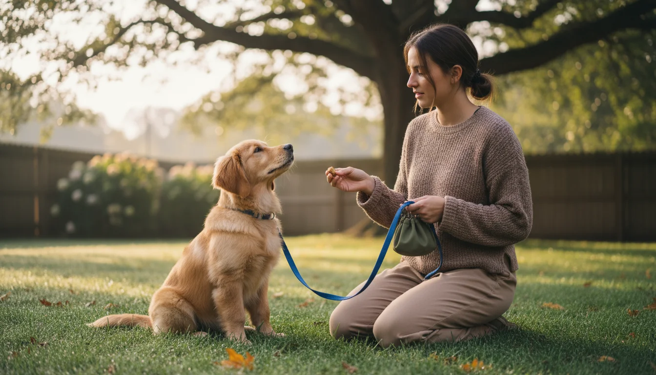 A young Golden Retriever puppy on a leash looks up at an adult human kneeling in a dewy backyard at dawn.