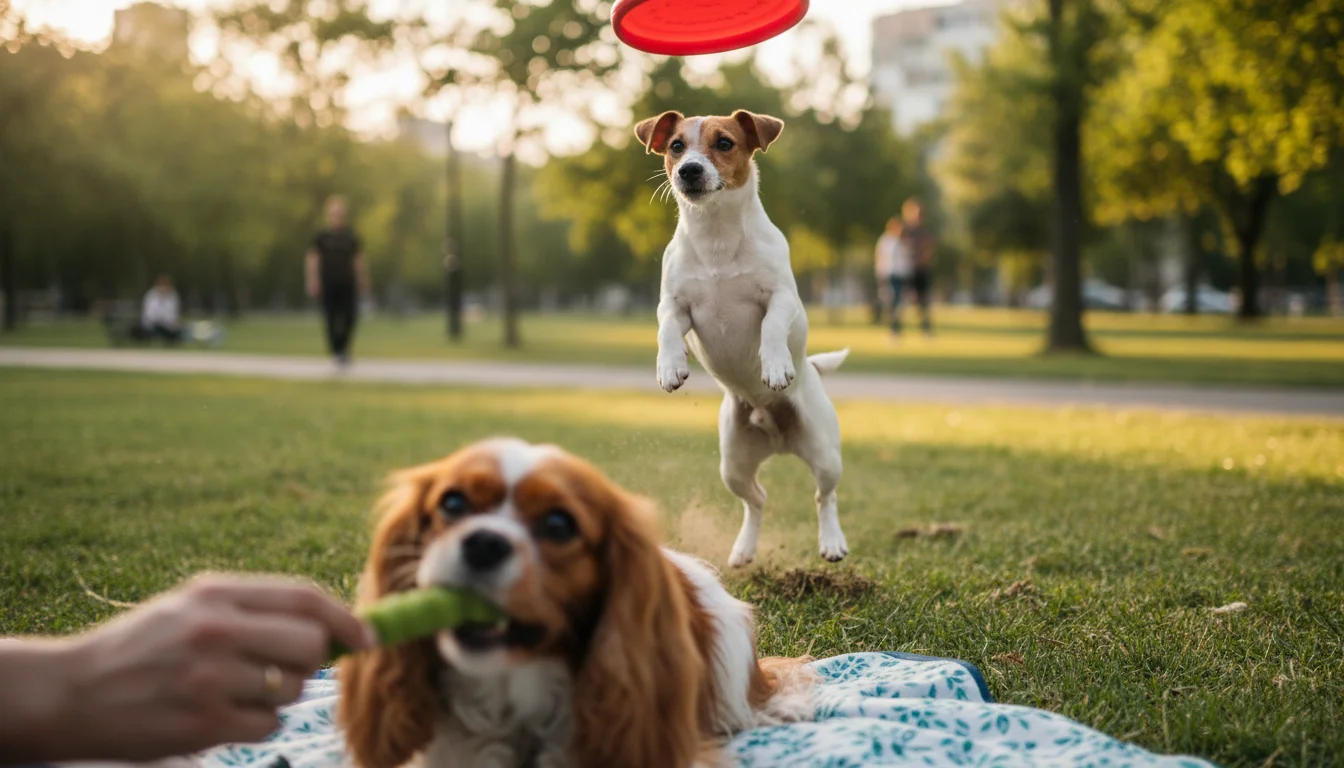 A young Jack Russell Terrier leaps for a frisbee in a park, while an older Cavalier King Charles Spaniel chews a treat on a blanket.
