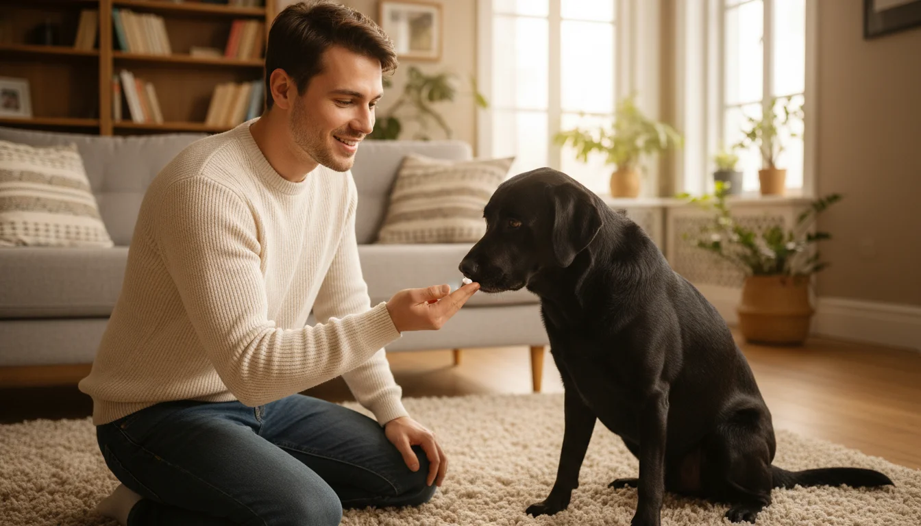 A young man kneels on a rug, offering dog toothpaste on his finger to a black Labrador mix. A dog toothbrush is on the rug.