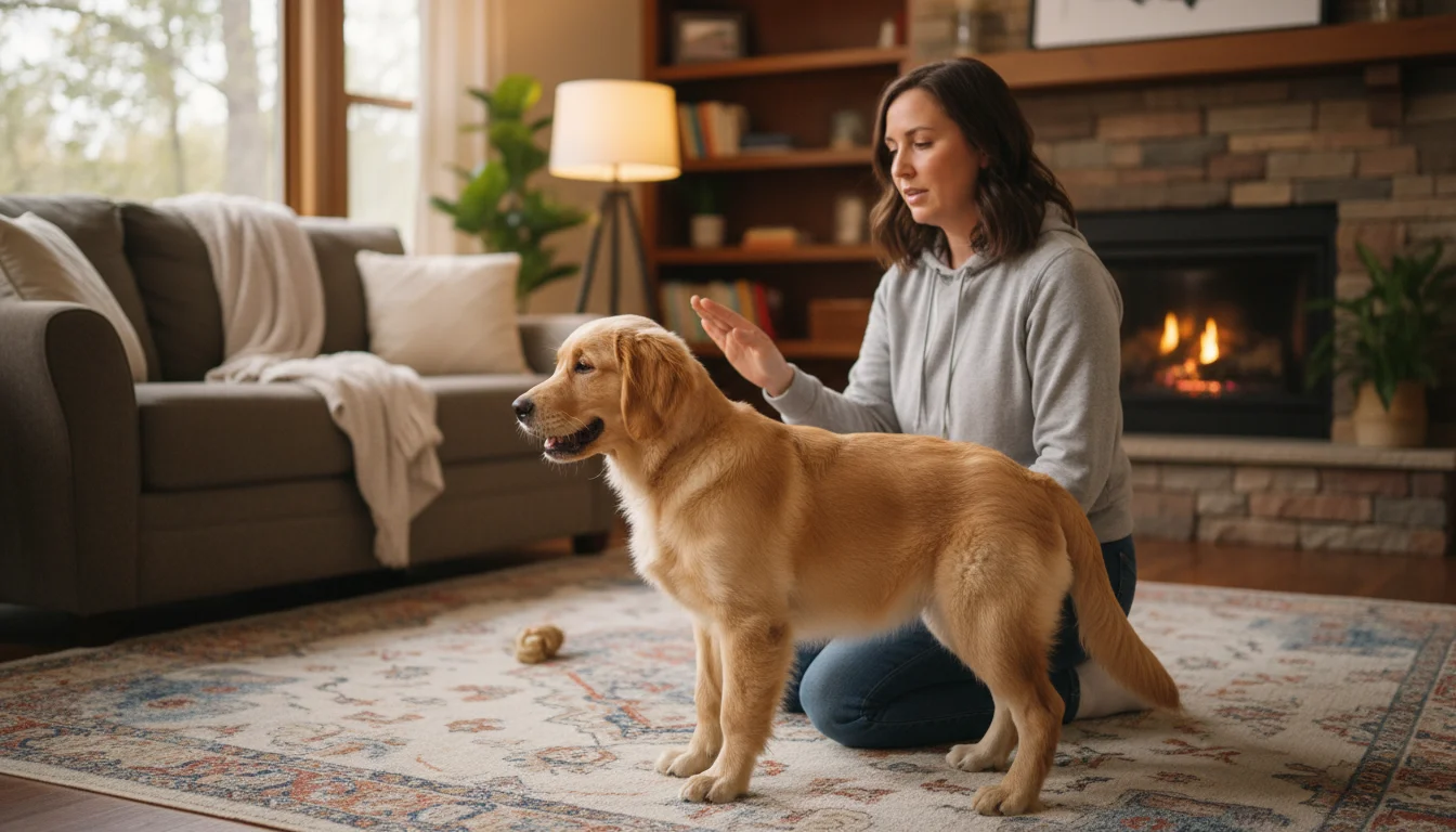 A young owner kneels on a rug, looking at their golden retriever puppy. The puppy looks away, appearing overwhelmed and disengaged.