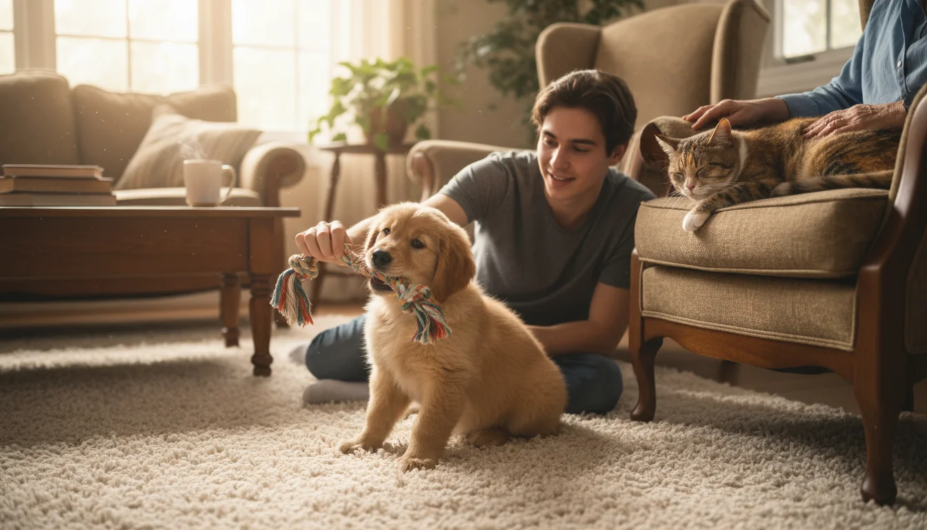 A young puppy playing with a person's hand, while an elderly cat is being petted by another person in a cozy living room.