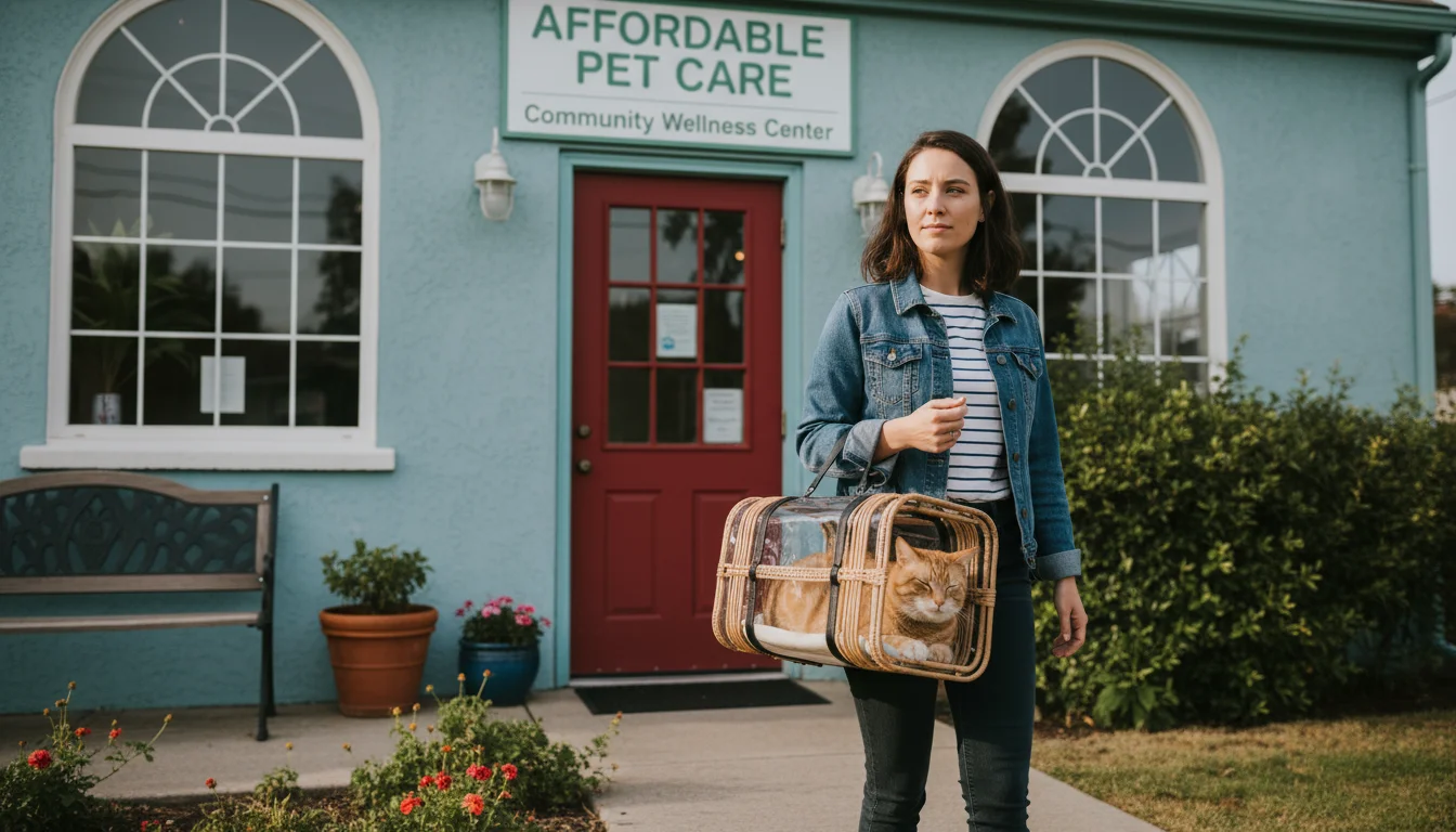 Young woman carries a cat in a pet carrier towards the entrance of a community pet wellness center for affordable care.