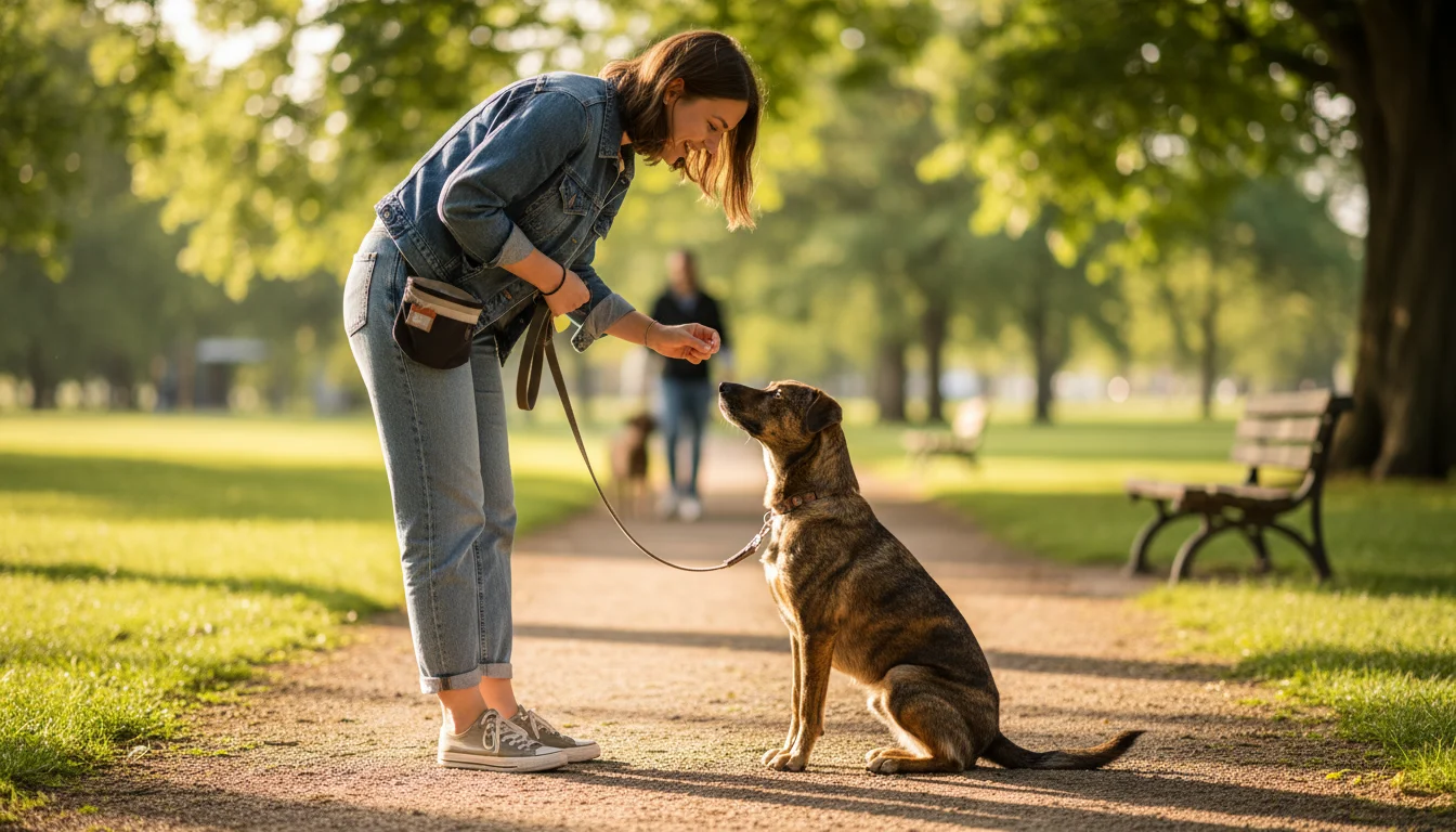 A young woman gently guides her attentive brindle dog on a leash along a sunny park path.