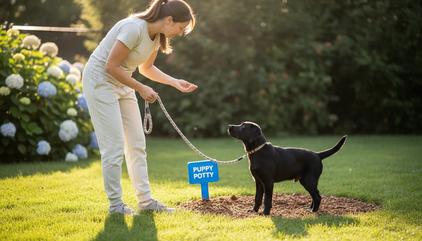 Young woman guiding a black Labrador puppy on a leash in a sunny backyard, hand ready with a treat.