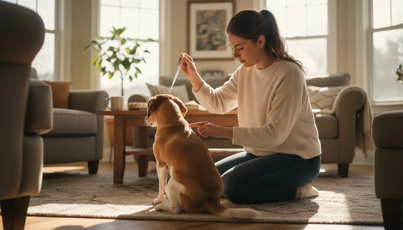 A young woman kneels, carefully applying liquid flea and tick treatment to the back of a calm, tan-and-white dog.