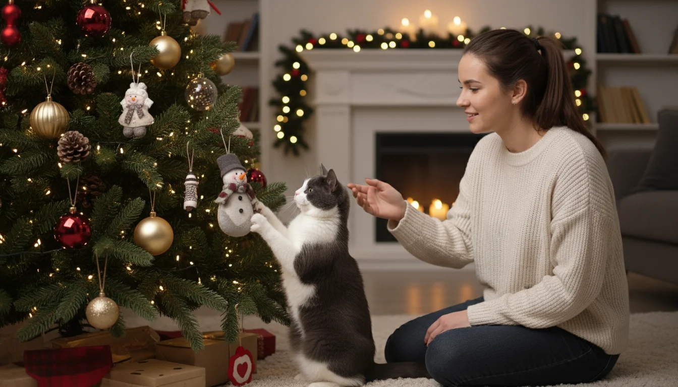 A young woman kneels beside a Christmas tree, gently redirecting her playful cat that is reaching for an ornament.