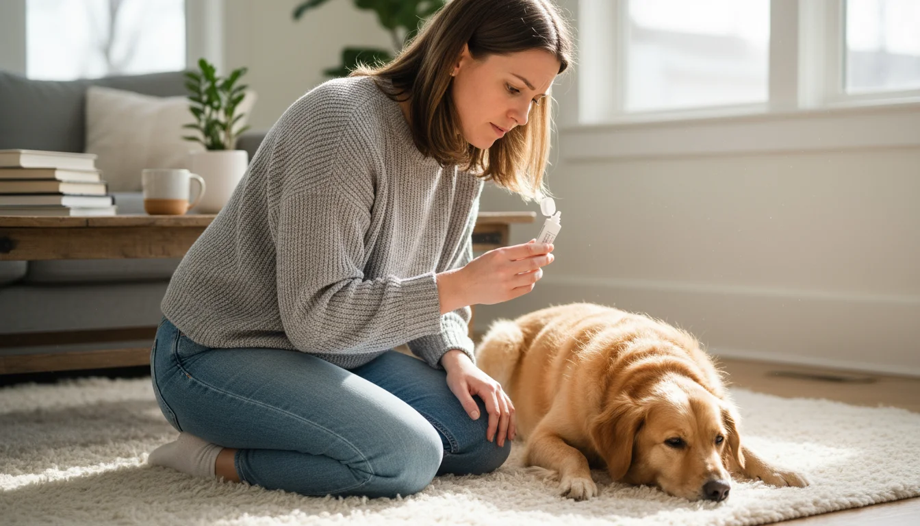 A young woman kneels beside her golden-mix dog, holding a parasite preventative tube with a thoughtful expression as she looks at the dog's back.