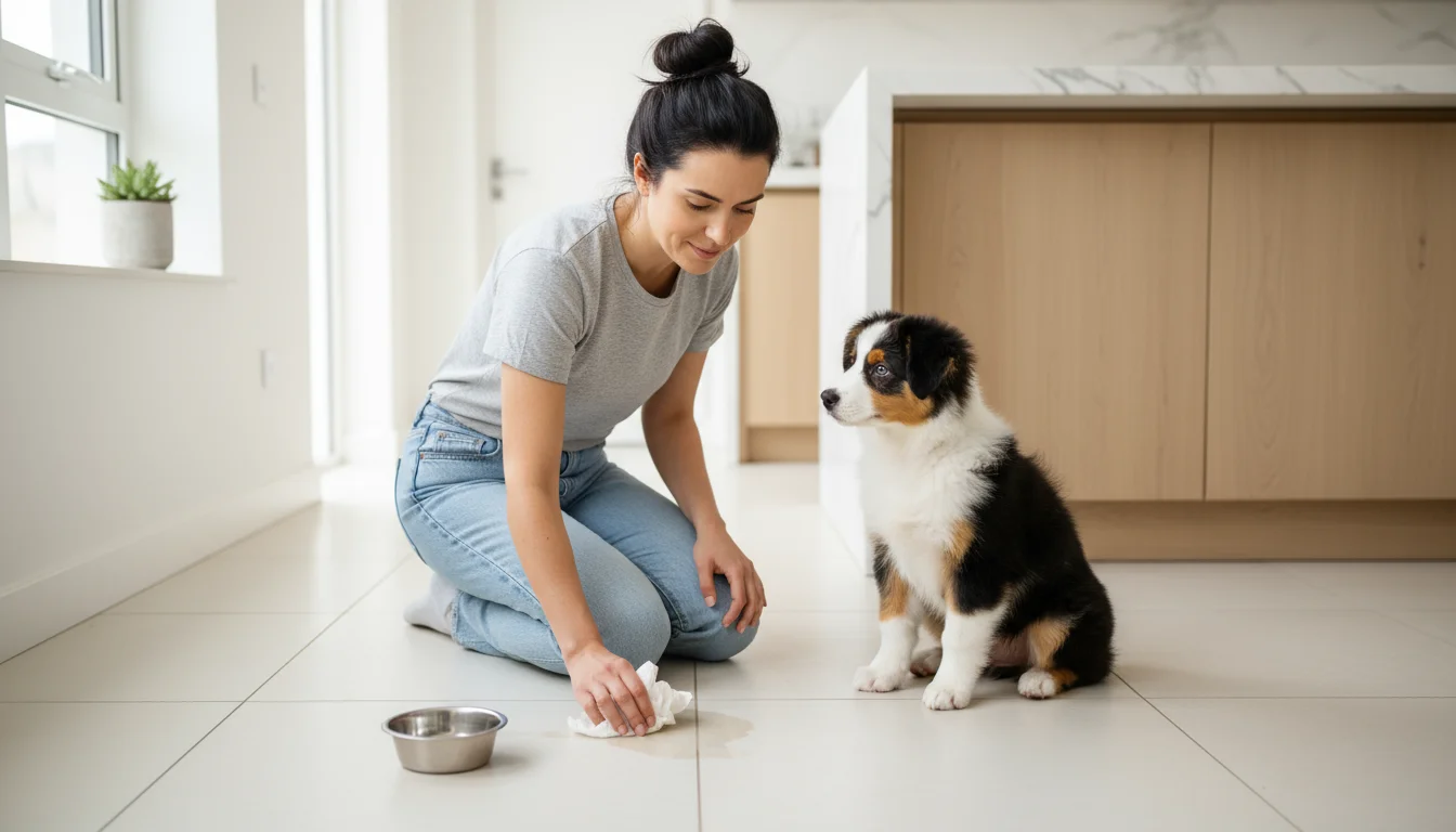 Young woman kneels on kitchen floor, thoughtfully dabbing a small wet spot with a paper towel while a golden retriever puppy watches.
