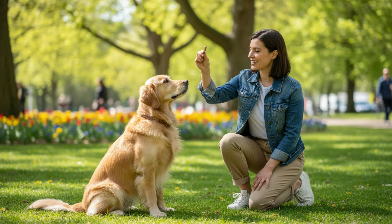 Young woman in a park kneeling, smiling at an attentive Golden Retriever looking up at her, ready for a treat.