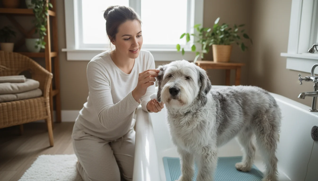 A young woman gently places a cotton ball into the ear of a calm, fluffy, medium-sized white and grey dog standing in a bathtub.