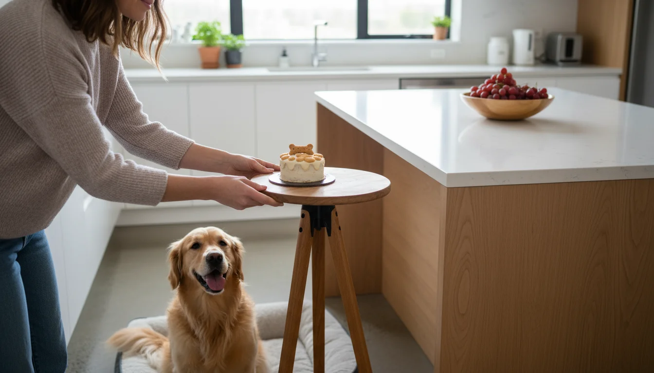 A young woman places a pet-safe pup-cake on a low stand while a brindle dog watches. A bowl of grapes is on a high counter.