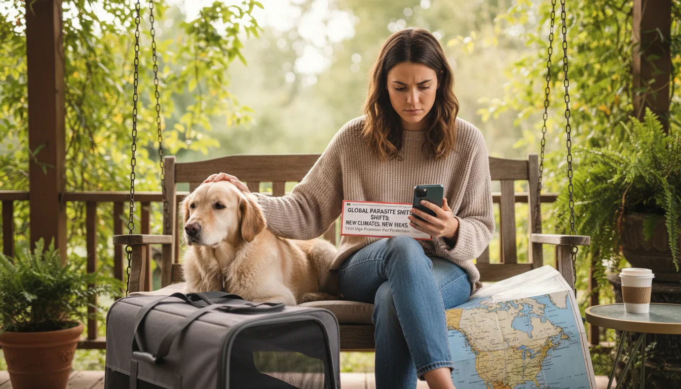 A young woman on a porch swing pets her dog while reading an article about parasite threats on her phone, with a travel carrier nearby.