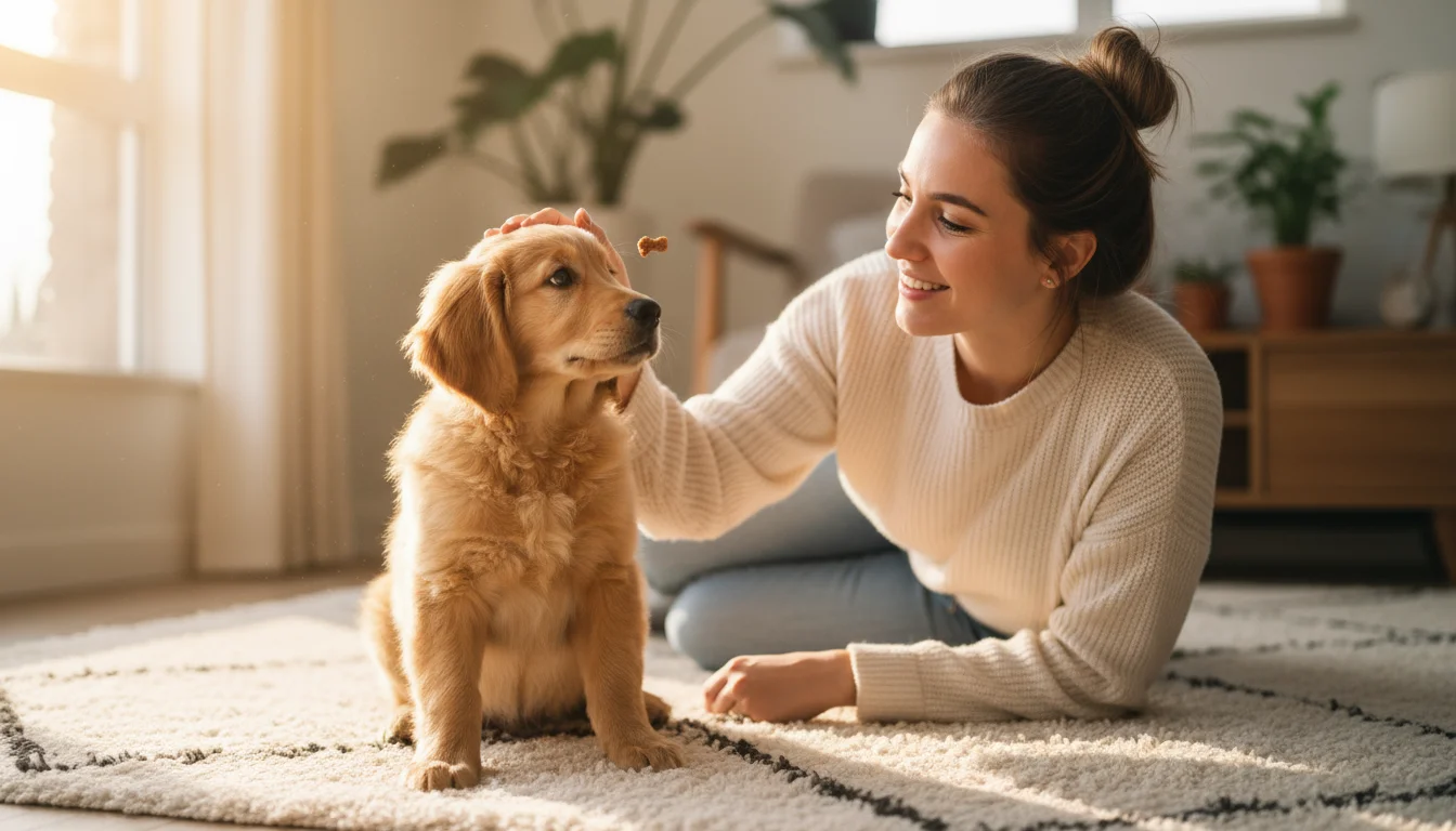 A young woman prepares to give a treat to a golden retriever puppy sitting patiently indoors.