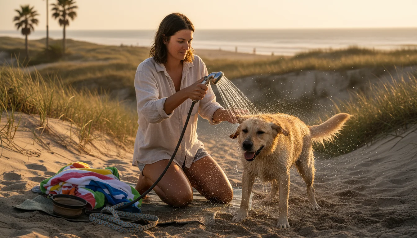 Young woman rinsing sand from a wet Labrador mix with a portable shower after a beach day, near a dune path.