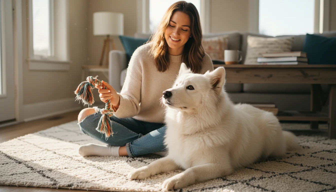 A young woman on a rug gently pets her fluffy white dog who looks up at her. She holds a worn rope toy.