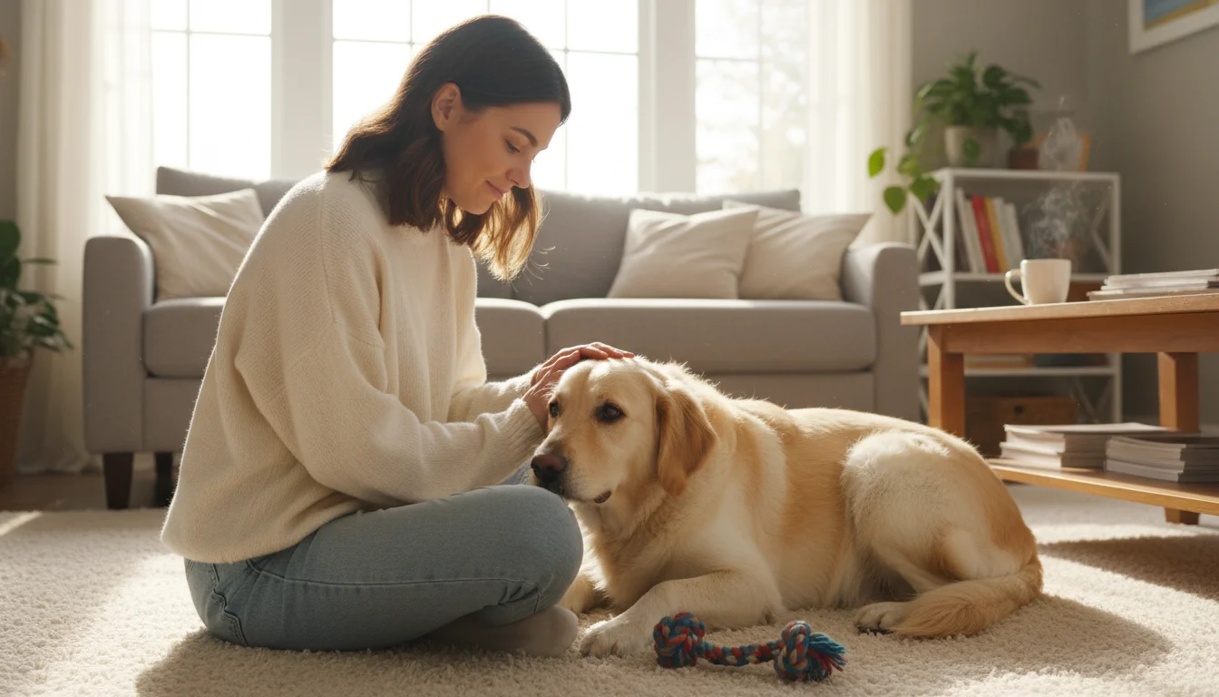 A young woman on a rug gently strokes a calm, light-colored dog resting its head on her lap in a sunlit living room.
